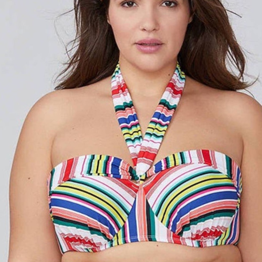 Cacique 2 piece striped bikini top and black skirt bikini set 28w/44DDD